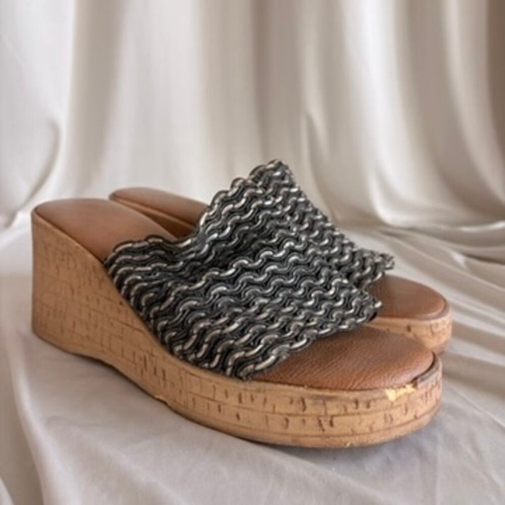 Cork Platform Sandals - Black & White Woven, Chunky Wedge, Size 8